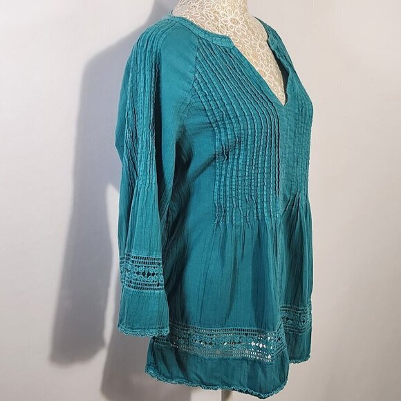 Sundance Women's Size XS Teal Crochet Lace 3/4 Sleeve V-Neck Peasant Top Boho - Picture 6 of 11